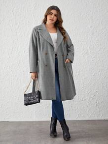 SHEIN Clasi 大碼戧駁領腰帶雙排釦花呢外套 - 灰色 - 查看 5