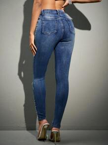 SHEIN BAE Quần Jeans Rách Họa Tiết Kim Cương Giả - Màu xanh lam - Xem 2