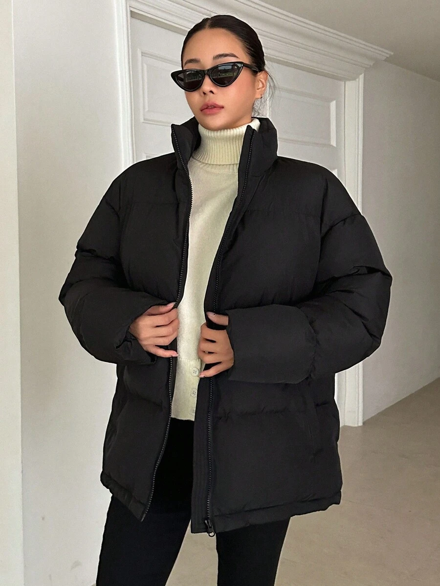 DAZY 拉链斜口袋加厚口袋大衣,冬季女式加厚大衣夹克 - 黑色 - 查看 1
