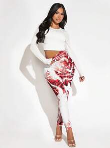 SHEIN SXY 女款圖案印花寬腰帶彈性腰打底褲