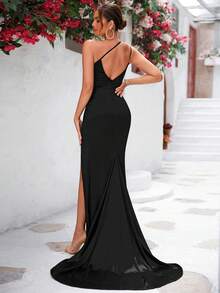 LOVE&LEMONADE One Shoulder Split Thigh Prom Dress - Black - View 2