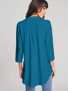 SHEIN LUNE 捲起袖弧形下擺長款襯衫 - 藍色 - 查看 2