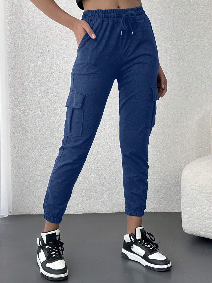 EURMUSE Flap Pocket Side Drawstring Waist Sweatpants - Navy Blue - View 1