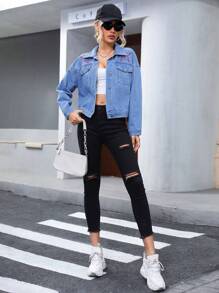 SHEIN Privé Star Embroidery Drop Shoulder Denim Jacket - Blue - View 3