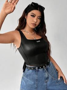 SHEIN EZwear Plus Letter Patched PU Leather Tank Top - Black - View 3