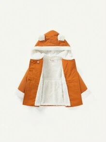 Baby Girl 3D Ear Double Breasted Teddy Lined Hooded Coat - Brown - View 3