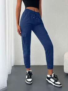 EURMUSE Flap Pocket Side Drawstring Waist Sweatpants - Navy Blue - View 5