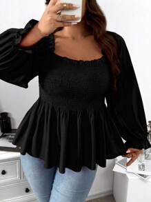 Nubod Plus Square Neck Flare Sleeve Peplum Blouse Peplum Top Fall Cloth For Women