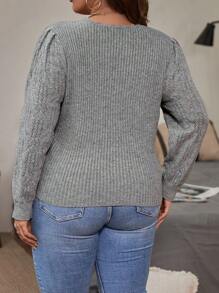 SHEIN LUNE Plus Surplice Neck Puff Sleeve Sweater - Grey - View 2
