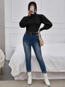 Cloudara Turtleneck Lantern Sleeve Ribbed Knit Sweater - Black - View 5