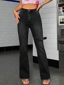 SHEIN ICON 高腰心形搭扣細節牛仔喇叭褲 - 黑色 - 查看 3