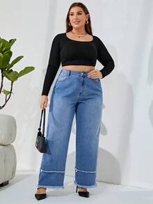 SHEIN Privé Cộng với quần jean ống rộng cắt thô cạp cao - Rửa trung bình - Xem 5