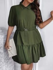 SHEIN LUNE 大碼泡泡袖荷葉邊下擺束帶襯衫洋裝