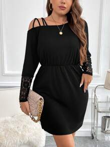 SHEIN Clasi Talla grande Vestido ajustado de cuello asimétrico con encaje - Negro - Ver 4