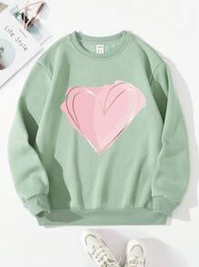 SHEIN 女大童愛心圖案加絨內裏運動衫 - 綠色 - 查看 1