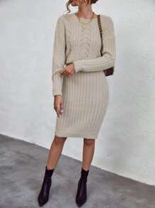 Chiquease Cable Knit Drop Shoulder Sweater Dress - Khaki - View 6