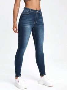 斜口袋緊身牛仔褲 - 中等水洗藍 - 查看 3