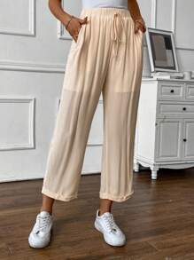 SHEIN Unity Pantalones rectos unicolor con nudo delantero bajo doblado - Albaricoque - Ver 1
