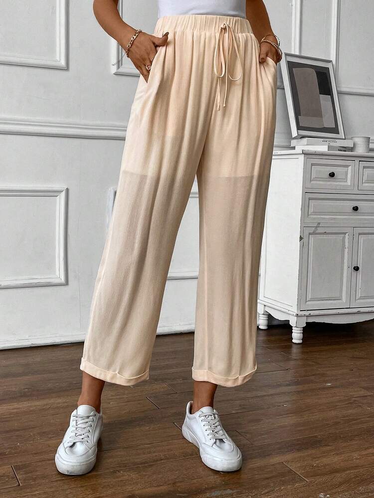 Solid Knot Front Cuffed Hem Straight Leg Pants