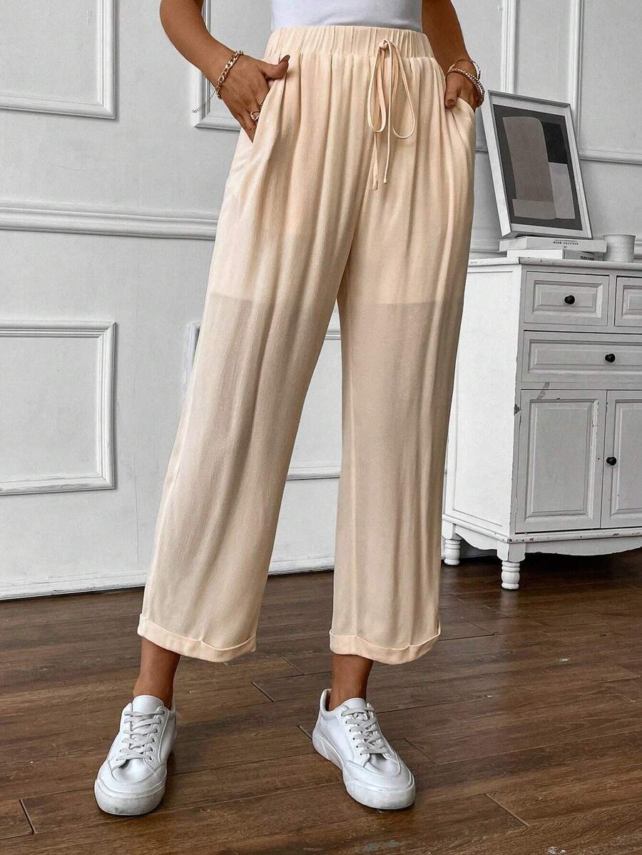 SHEIN Unity Pantalones rectos unicolor con nudo delantero bajo doblado - Albaricoque - Ver 1