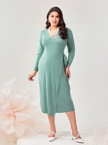 Modelyn Plus Wrap Knot Side Ribbed Knit Sweater Dress - Mint Green - View 4