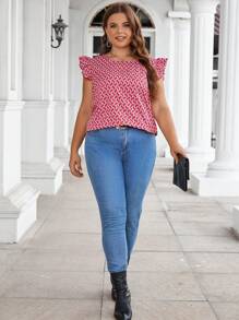 SHEIN Clasi 大碼滿版印花後綁帶荷葉邊襯衫 - 紅色 - 查看 4