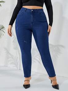 大碼高腰緊身牛仔褲 - 深色水洗藍 - 查看 6