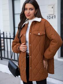 SHEIN Clasi 博格領落肩絎縫大衣 - 鏽棕色 - 查看 4