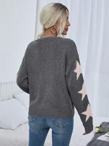 EMERY ROSE Star Pattern Drop Shoulder Sweater,Long Sleeve Tops Knit Pullover Fall Winter Outfit - Grey - View 2
