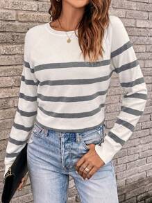 SHEIN LUNE Suéter con mangas raglán de patrón de rayas, tops de manga larga para otoño/invierno - Gris - Ver 5