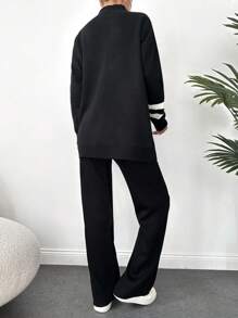 EURMUSE Striped Pattern Drop Shoulder Sweater & Knit Pants - Black and White - View 2