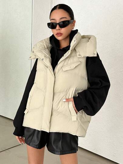 DAZY 斜口袋连帽背心加厚口袋外套，女士冬季外套夹克