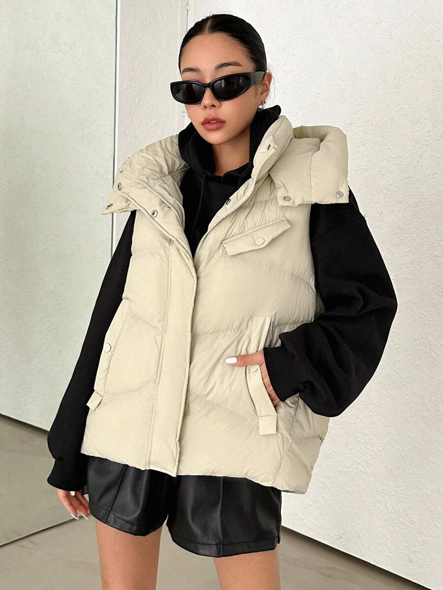 DAZY 斜口袋连帽背心加厚口袋外套，女士冬季外套夹克 - 綠色 - 查看 1