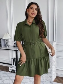 SHEIN LUNE 大碼泡泡袖荷葉邊下擺束帶襯衫洋裝