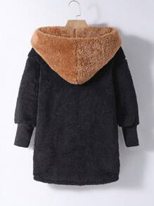 SHEIN Áo khoác Teddy có mũ trùm đầu Tween Girl hai tông màu 2 trong 1 - màu đen - Xem 2
