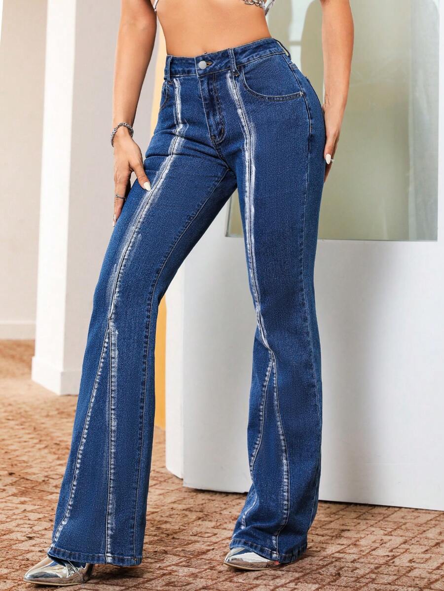 SHEIN ICON High Waist Raw Trim Flare Leg Jeans - Blue - View 1