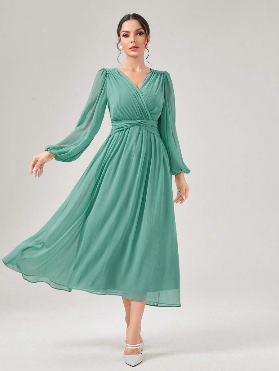 Modelyn Surplice Neck Lantern Sleeve Dress - Mint Green - View 1