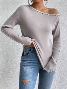 SHEIN Privé 珍珠串珠不對稱領套頭毛衣 - 灰色 - 查看 7
