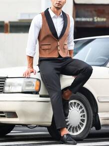 Calvornis Men Contrast Panel Shawl Collar Blazer Vest & Suit Pants