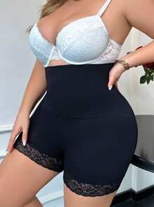 Plus Lace Trim High Waisted Shapewear Shorts - Black - View 4