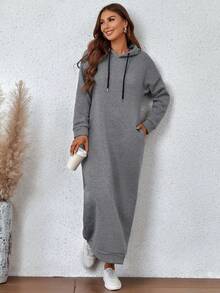 Drop Shoulder Drawstring Hoodie Dress - Grey - View 6