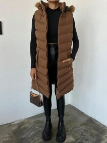 EURMUSE Slant Pockets Fuzzy Trim Hooded Puffer Vest Coat - Rust Brown - View 5