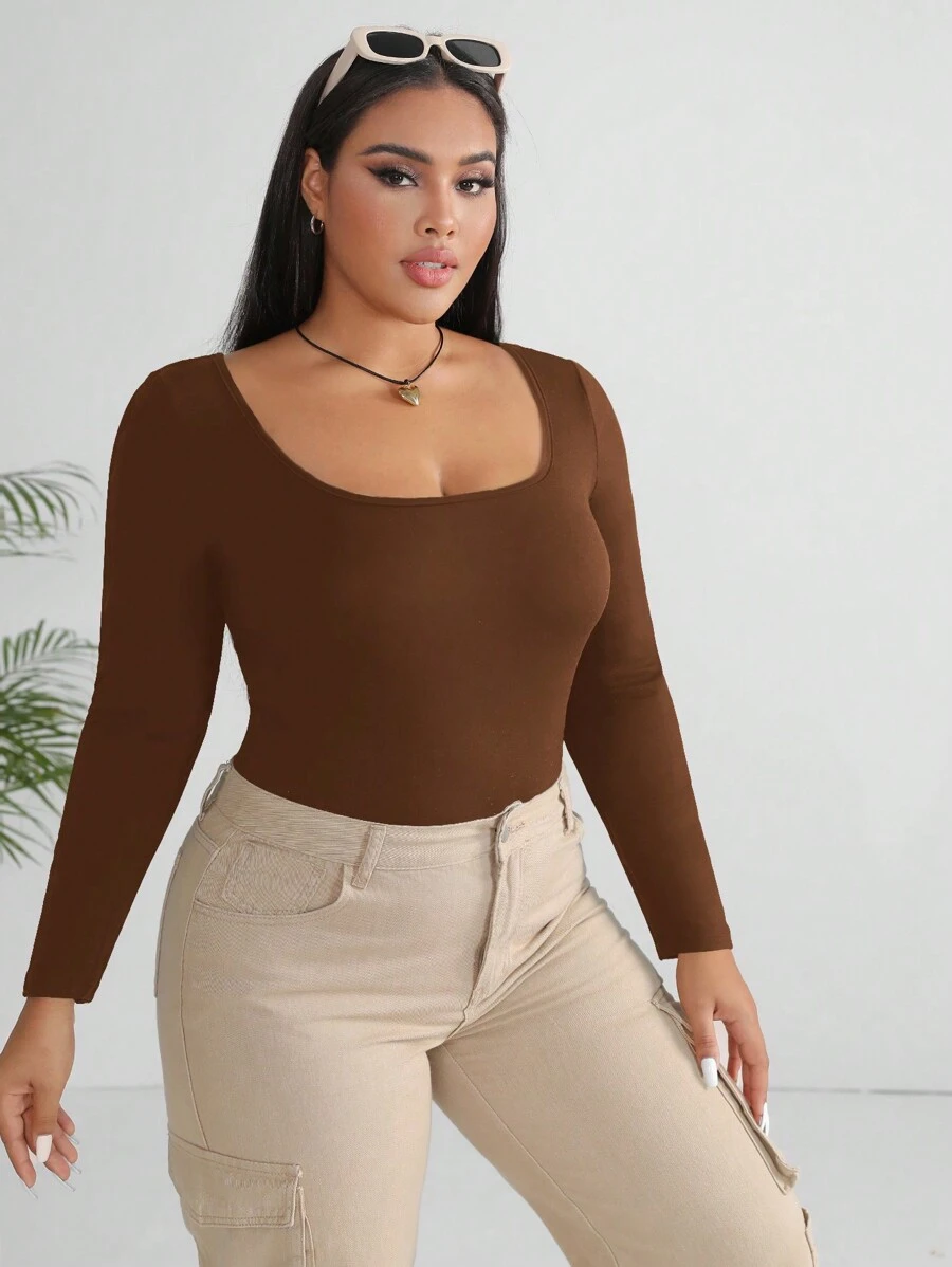 SHEIN EZwear Plus Solid Scoop Neck Bodysuit - Brown - View 1