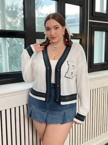 Flirla Plus Letter Patched Striped Trim Drop Shoulder Cardigan - White - View 6