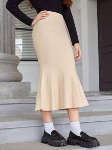 Teen Girl Mermaid Hem Ribbed Knit Skirt - Apricot - View 5