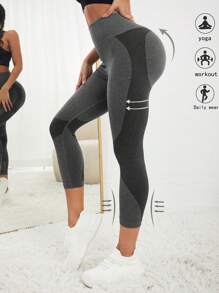SHEIN Yoga Basic Leggings deportivos de color combinado control de barriga - Gris Oscuro - Ver 4