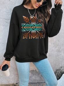 SHEIN LUNE Geo & Letter Graphic Drop Shoulder Sweatshirt - Black - View 1