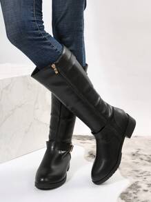 女性時尚高幫平底復古西部牛仔靴附腰帶扣飾,新設計馬靴 - 黑色 - 查看 3