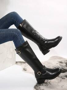 女性時尚高幫平底復古西部牛仔靴附腰帶扣飾,新設計馬靴 - 黑色 - 查看 4