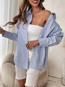 Chiquease Camisa con hombros caídos y estampado a rayas - Azul - Ver 4